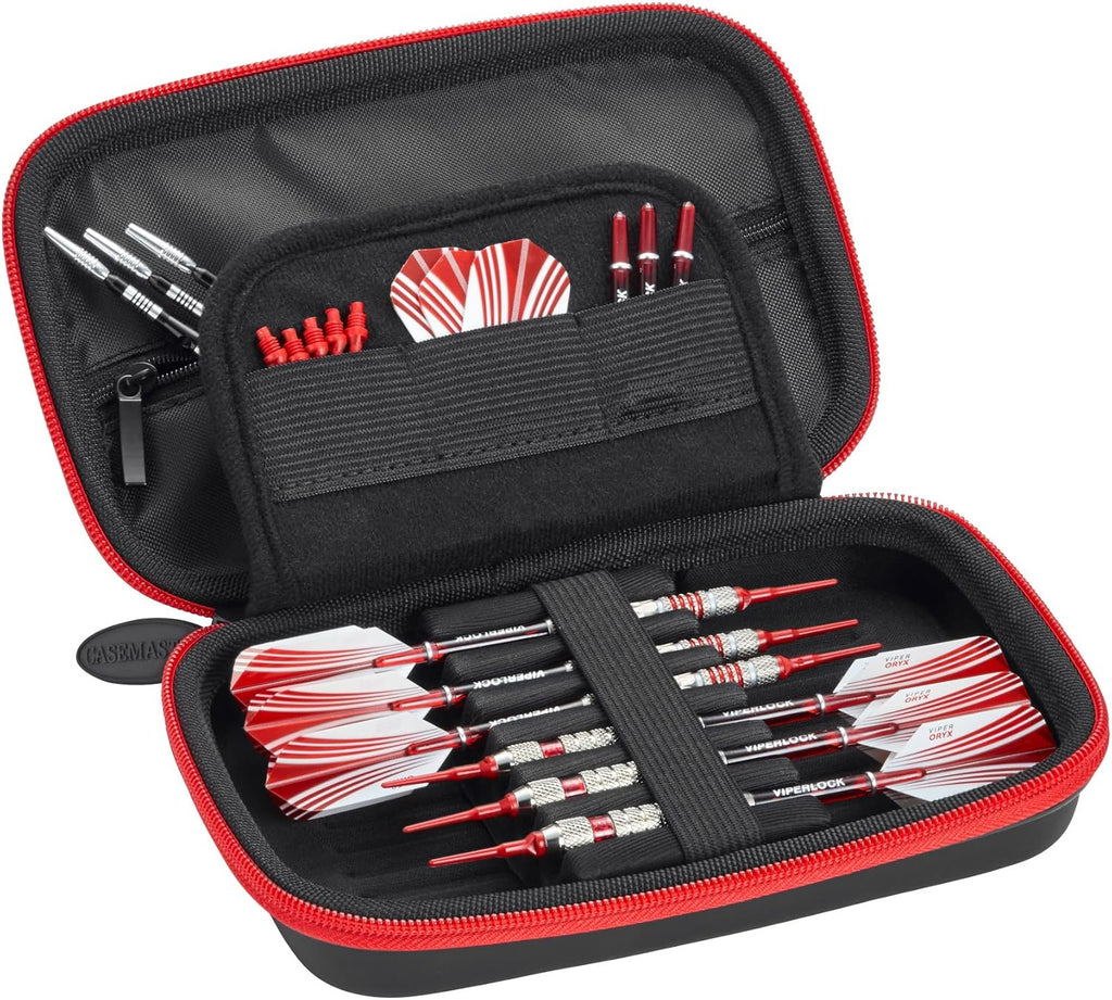 Sentinel 6 Dart Case, Holds Extra Accessories, Tips, Shafts and Flights, Compatible with Steel and Soft Tip Darts, Impact & Water Resistant Tactech Shell, Red Zipper