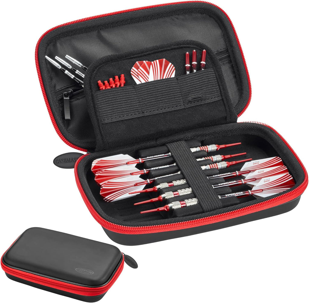 Sentinel 6 Dart Case, Holds Extra Accessories, Tips, Shafts and Flights, Compatible with Steel and Soft Tip Darts, Impact & Water Resistant Tactech Shell, Red Zipper