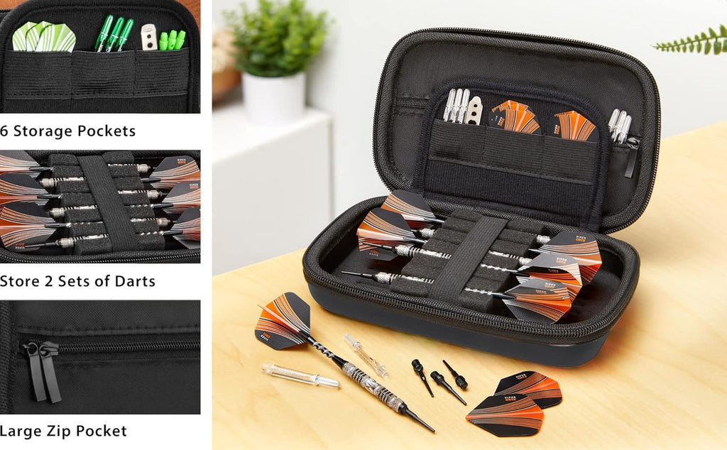 Sentinel 6 Dart Case, Holds Extra Accessories, Tips, Shafts and Flights, Compatible with Steel and Soft Tip Darts, Impact & Water Resistant Tactech Shell, Red Zipper