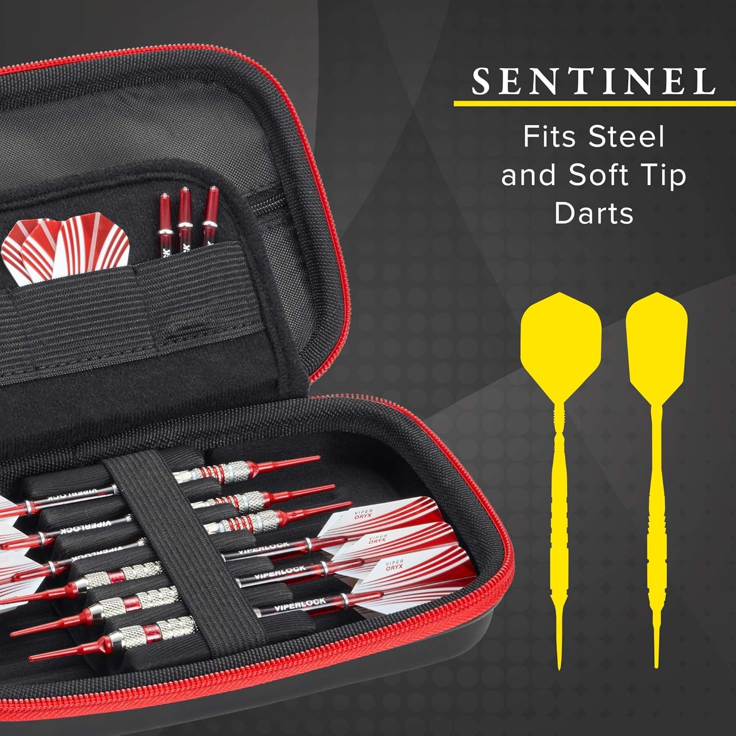 Sentinel 6 Dart Case, Holds Extra Accessories, Tips, Shafts and Flights, Compatible with Steel and Soft Tip Darts, Impact & Water Resistant Tactech Shell, Red Zipper